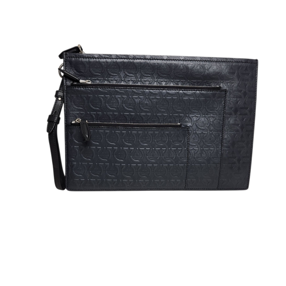 Salvatore Ferregamo  Embossed Double Gancini Leather Clutch Document Holder